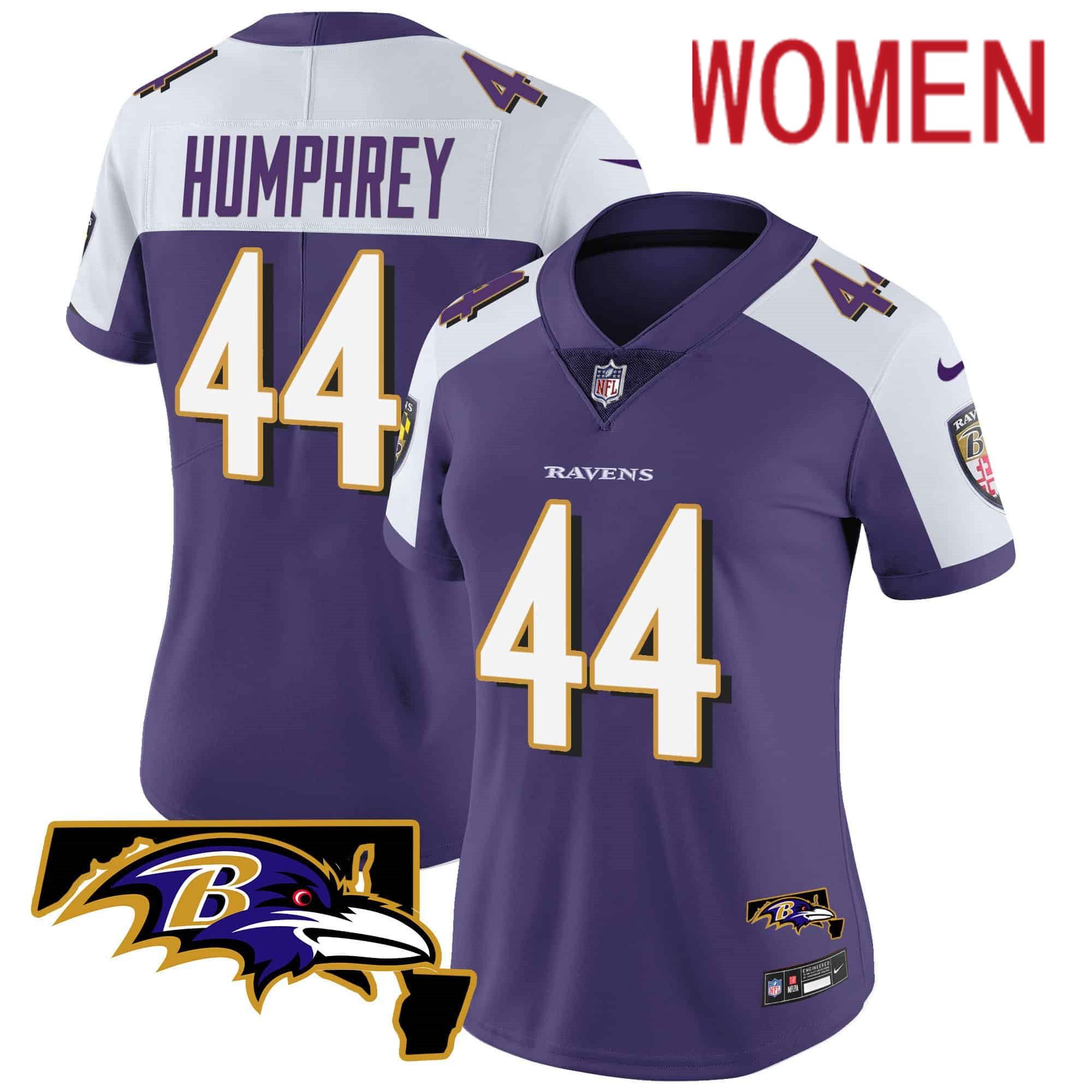 Women Baltimore Ravens 44 Humphrey Purple 2024 Nike Maryland Patch Vapor Limited NFL Jersey